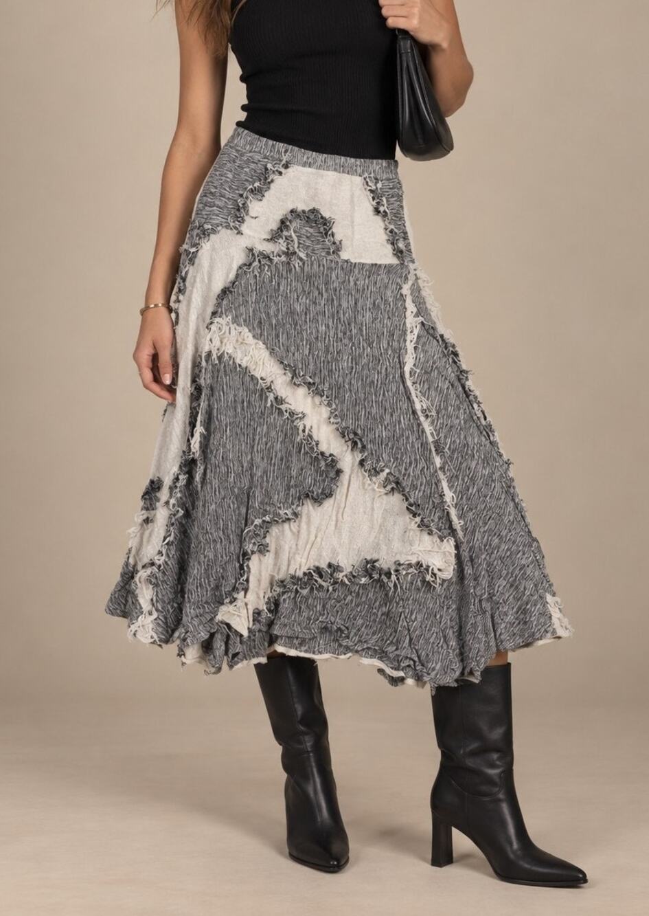 Derek Lam Silk Patchwork Midi Skirt Womens Size 2 Gray Avant Garde Artsy Fall